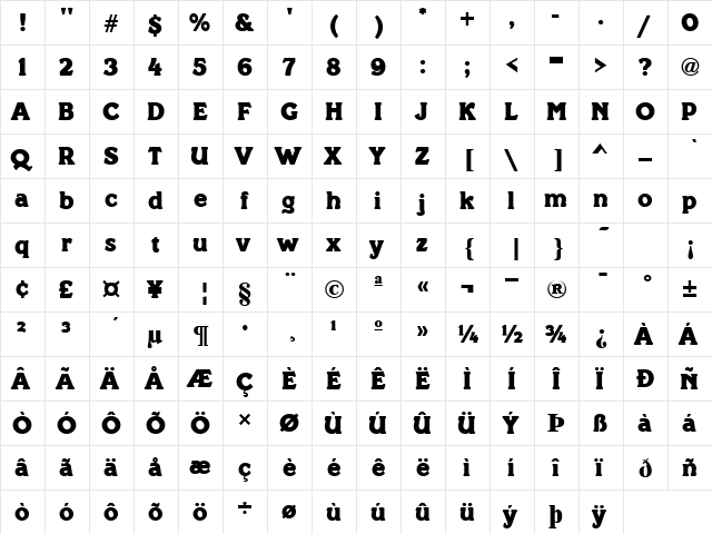 Paddock Bold  glyph index