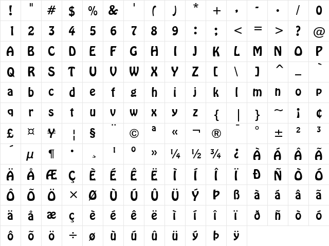 Hobo Regular  glyph index