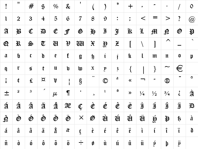 MidevilExtended Normal  glyph index