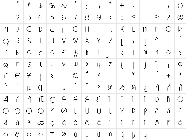 BeckerMonolineModernNF Bold  glyph index