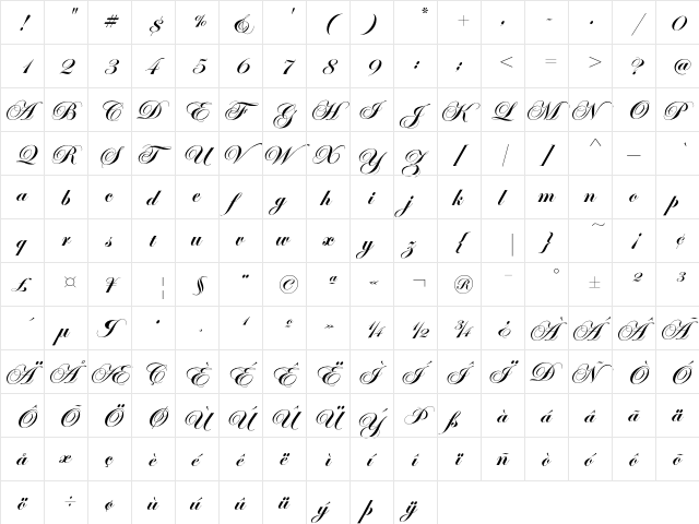 EdwardianScriptEF Bold  glyph index