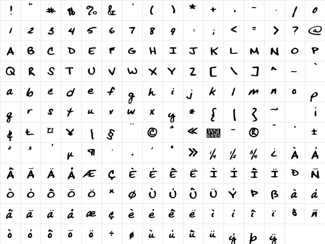 VansHand Bold  glyph index