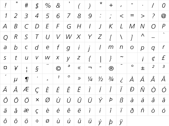 Frutiger LT Com 46 Light Italic  glyph index