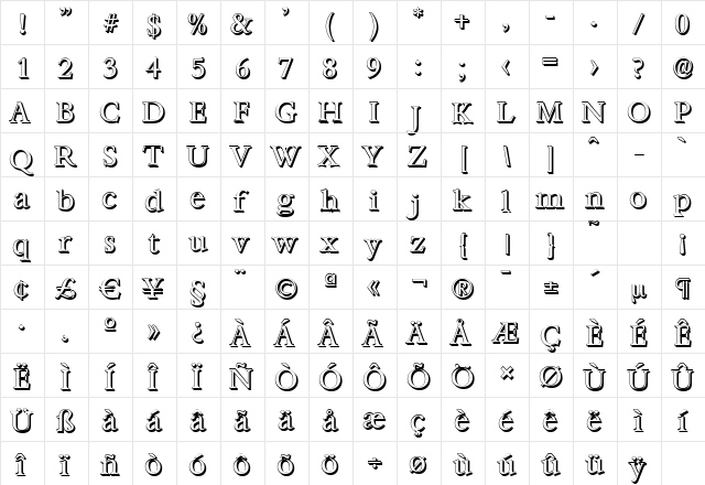 BernsteinShadow Regular  glyph index