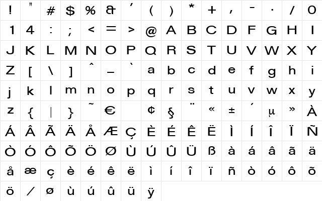 JerseyMediumExpanded Regular  glyph index