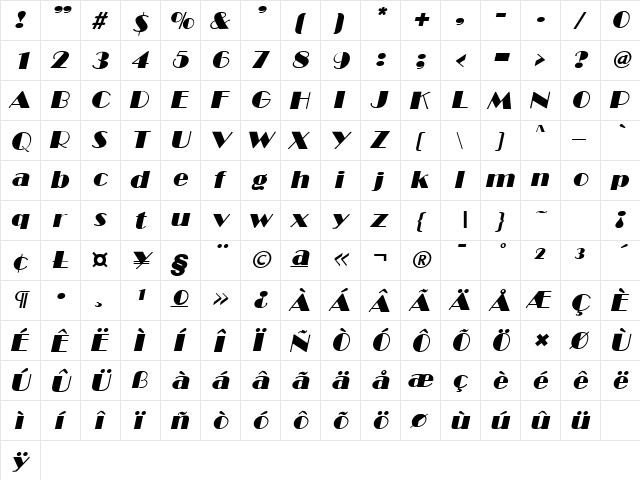 Invite SF Italic  glyph index