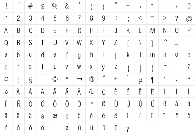 Helvetica Condensed BQ Regular  glyph index