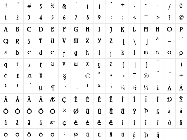 Ricochet Regular  glyph index