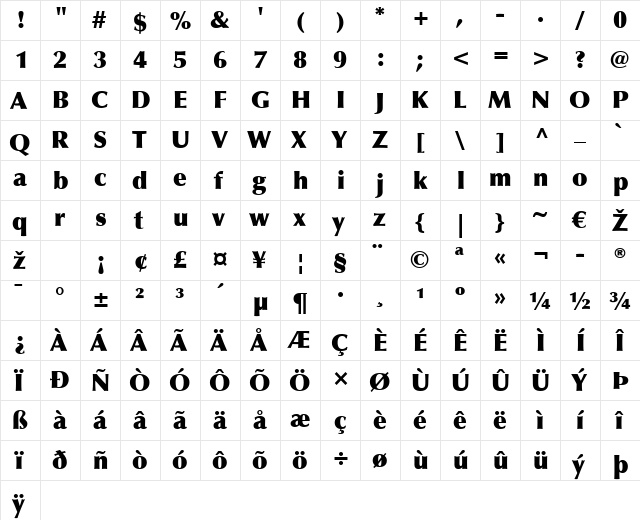 Optima LT ExtraBlack Regular  glyph index