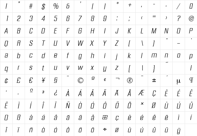 DiamanteSerial-Light Italic  glyph index