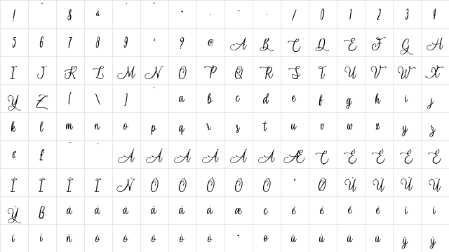 Navy Ballad - Personal Use Regular  glyph index