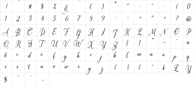 White Crystal Script Regular  glyph index