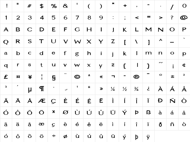 Ginger Bold  glyph index