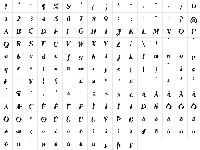 Adastra Regular  glyph index