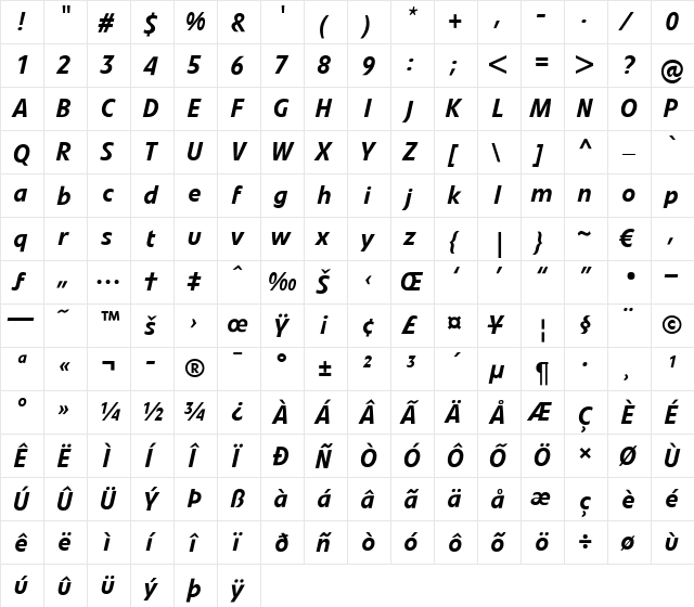 LTVeto Medium Italic  glyph index