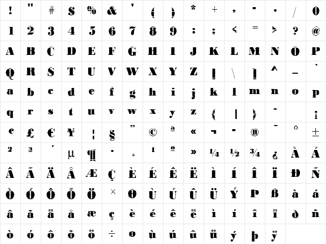 BodoniInkjet Regular  glyph index
