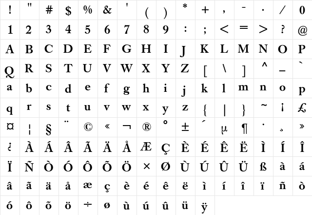 Caslon Buch BQ Regular  glyph index