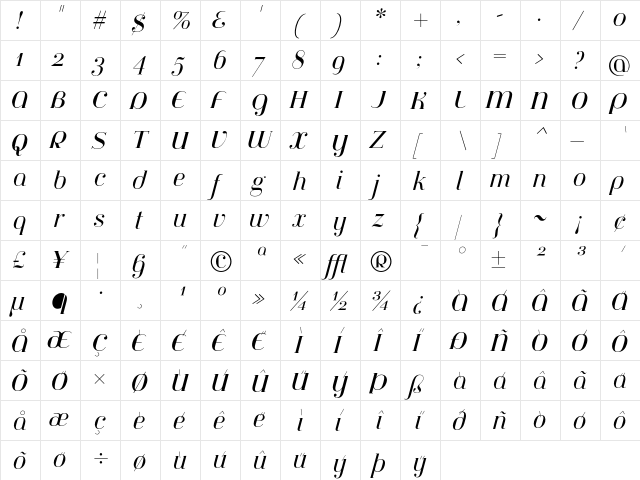 Jeanne Moderno OT Italic  glyph index