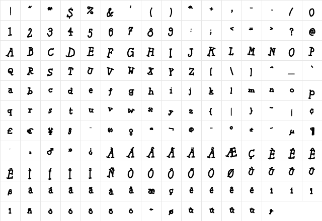 SketchingSlabBold Regular  glyph index