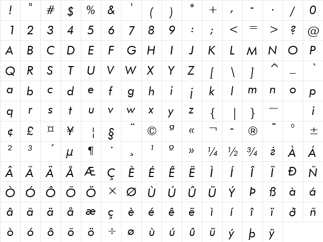 Futura Book Italic  glyph index
