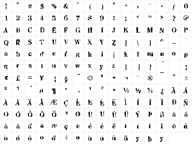 Dirty09 Becker Regular  glyph index