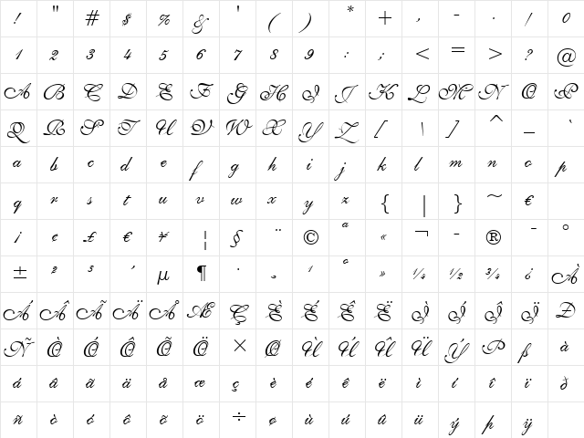 English111 Presto BT Regular  glyph index