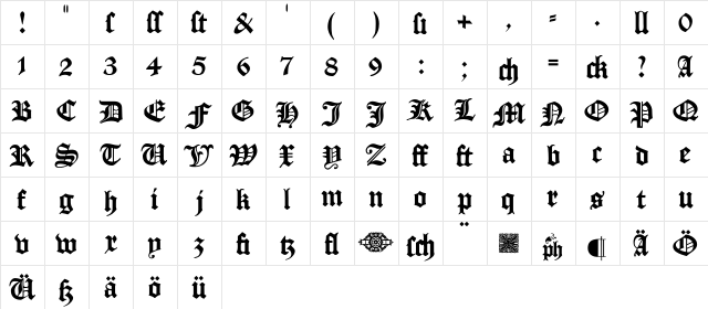 ManuskriptGotisch Regular  glyph index