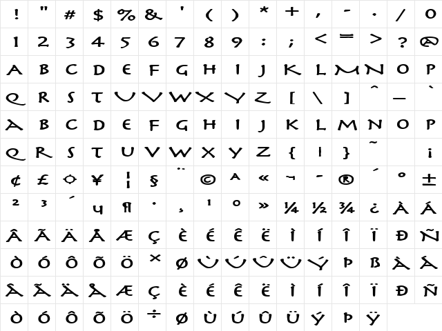 Mythology Extended Bold  glyph index