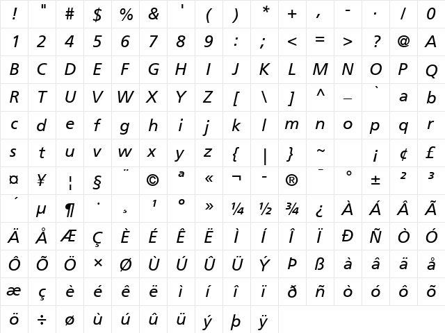 Frutiger LT Com 56 Italic  glyph index