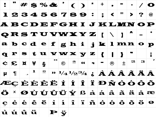 TransverseSSK Regular  glyph index