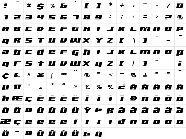 TGR 3.0 E Italic  glyph index