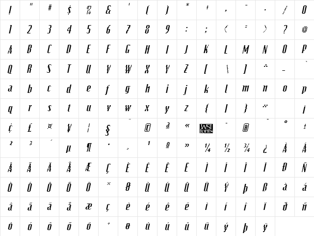 Bitmap Italic  glyph index