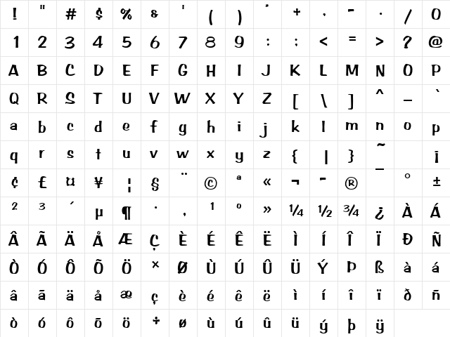 Arab Becker Brushstroke Regular  glyph index