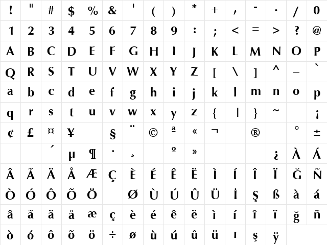 TR Oregon Bold  glyph index