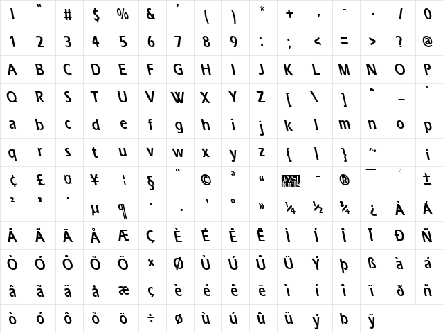 ErgoeCondensedBS Bold  glyph index