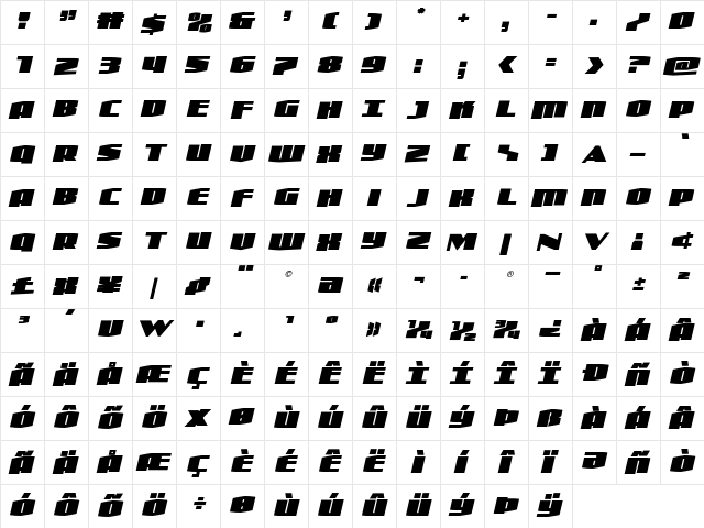 Alpha Century Rotalic Regular  glyph index
