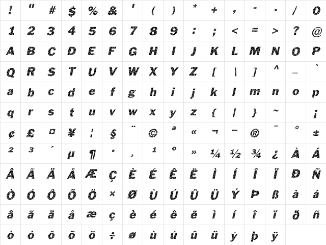 Philadelphia-Cracked Italic  glyph index