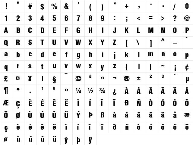 SwitzerlandCondBlack Regular  glyph index