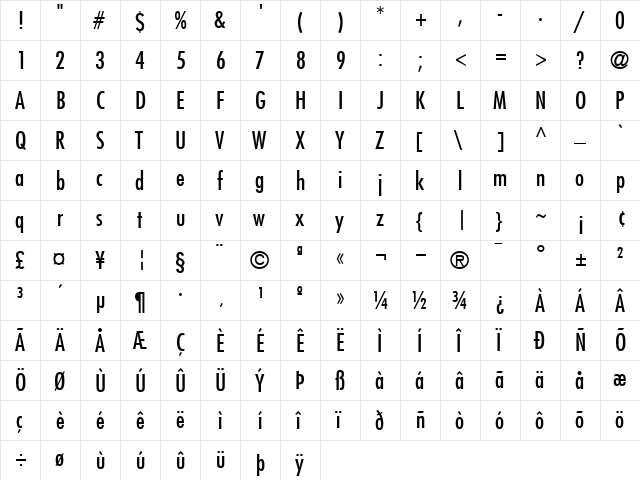 Futura Condensed  glyph index