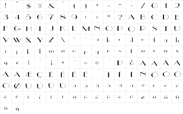 EastSide Ex Regular  glyph index