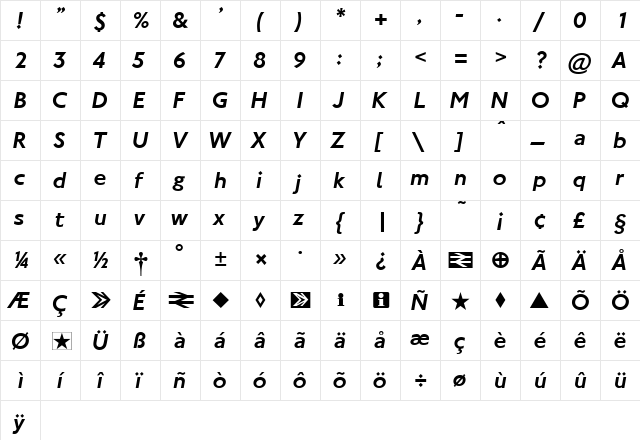 NJMediumItalic Regular  glyph index