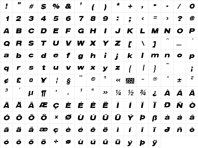 ArenaBlackExtended Italic  glyph index