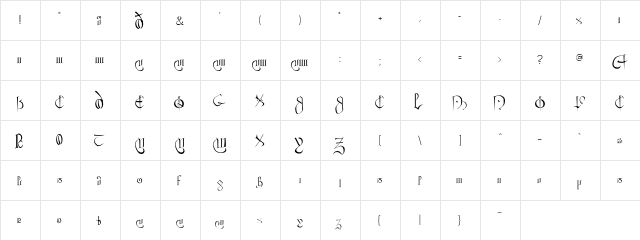 CourthandPlain Regular  glyph index