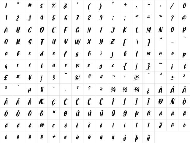 Flash on Saturday Night Italic  glyph index