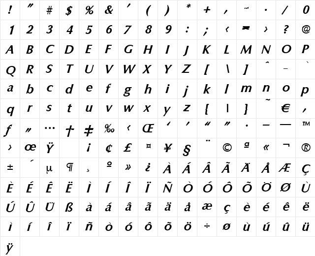 Columbia-DemiBoldIta Regular  glyph index