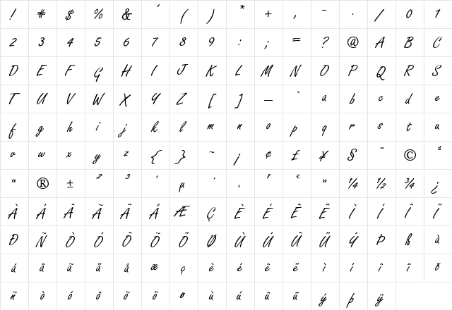 Freestyle Script Regular  glyph index