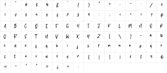musicalina Regular  glyph index