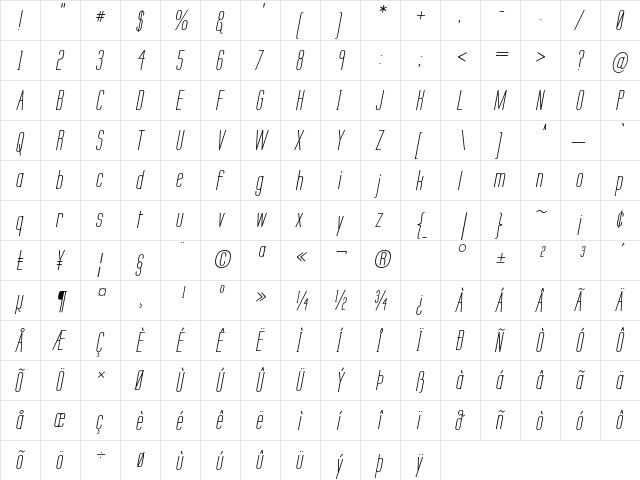 Labtop Secundo Italic  glyph index