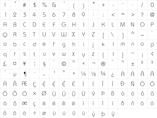 Bauhaus Regular  glyph index