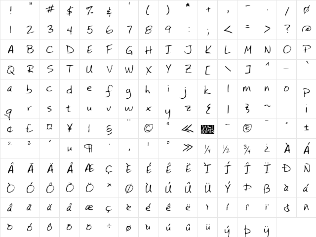 DianasHand Regular  glyph index